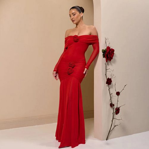 Sexy Off The Shoulder Pleated Floral Slim Fit Dress in Dresses