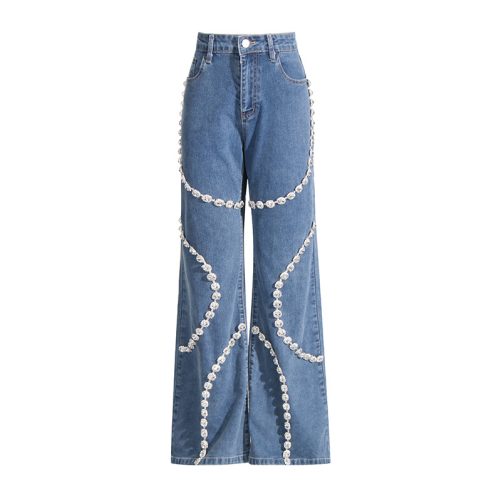 Ring Rhinestone Stitching Design Straight Pants in Pants