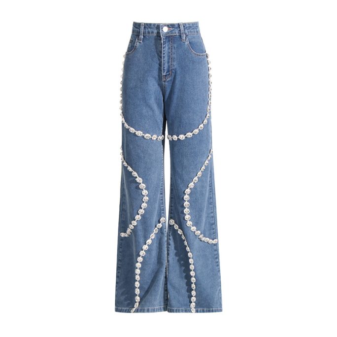 Ring Rhinestone Stitching Design Straight Pants in Pants