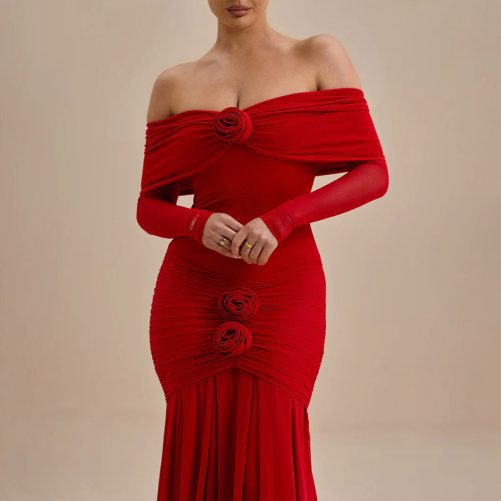 Sexy Off The Shoulder Pleated Floral Slim Fit Dress in Dresses