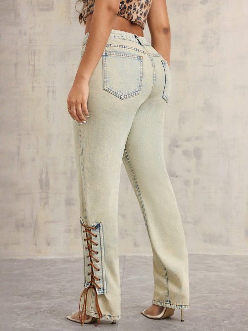 Lace Up Decorative Loose Wide Leg Straight Denim Pants in Pants