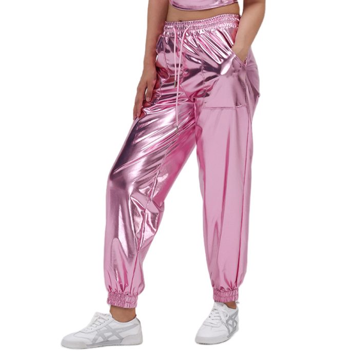 Ankle Banded Sports Bright Leather Loose Pants in Pants