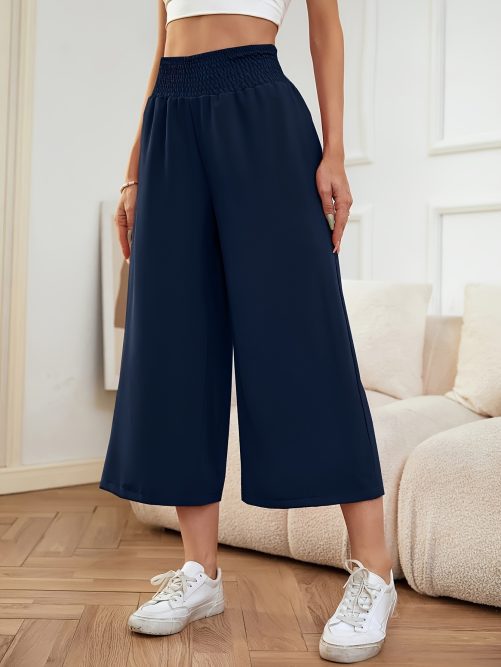 High Waist Smocking Loose Wide Leg Cropped Pants in Pants