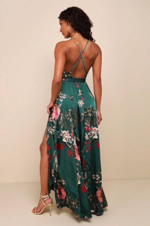 V Cut Spaghetti Strap Floral Print Backless Slit Elegant Dress in Dresses