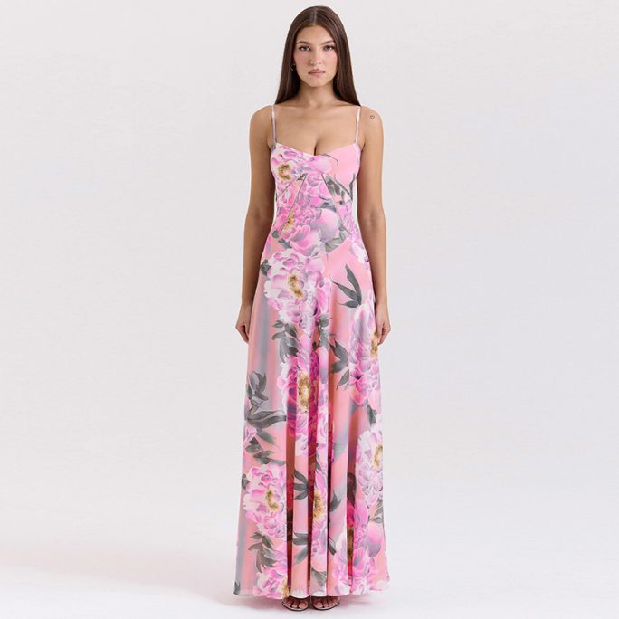 Sexy V Neck Backless Slim Fit Floral Strap Dress in Dresses