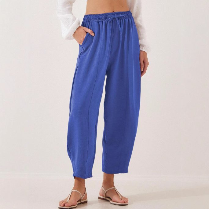 High Waist Loose Drawstring Pocket Cropped Pants in Pants