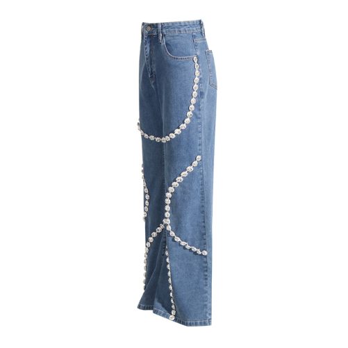 Ring Rhinestone Stitching Design Straight Pants in Pants