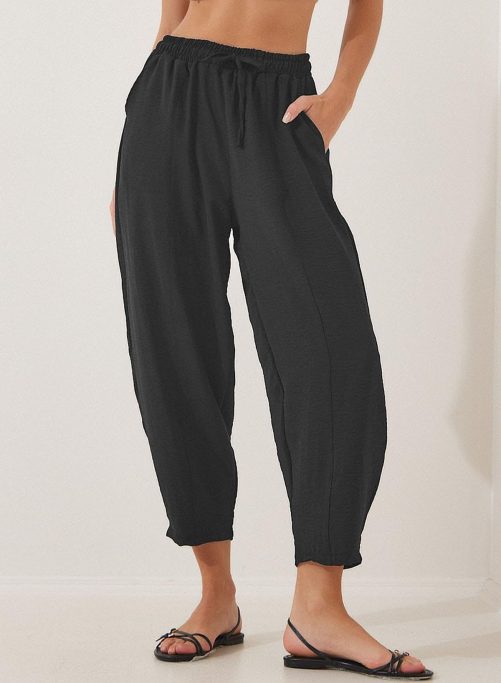 High Waist Loose Drawstring Pocket Cropped Pants in Pants