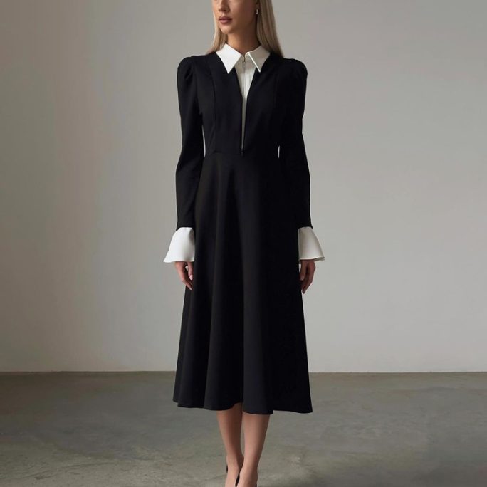 Elegant High Waist A Line Black White Stitching Faux Two Piece Set Dress in Dresses