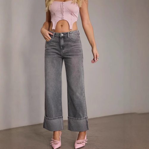 Vintage Stretch Straight High Waist Denim Pants in Pants