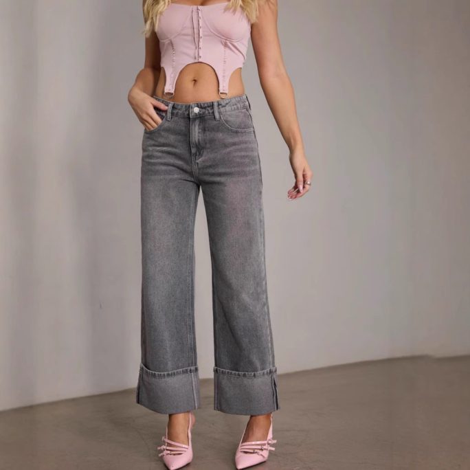 Vintage Stretch Straight High Waist Denim Pants in Pants