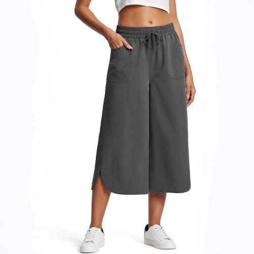 Elastic Waist Wide Leg Loose Cropped Pants in Pants