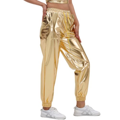 Ankle Banded Sports Bright Leather Loose Pants in Pants