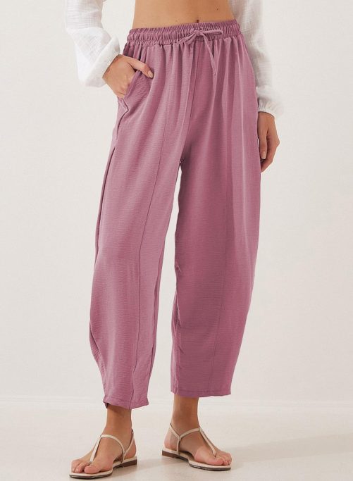 High Waist Loose Drawstring Pocket Cropped Pants in Pants