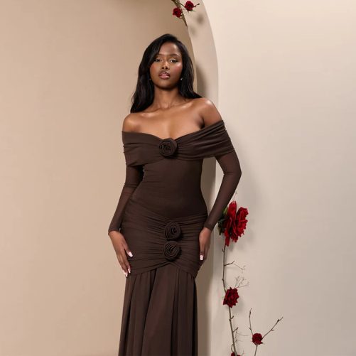 Sexy Off The Shoulder Pleated Floral Slim Fit Dress in Dresses