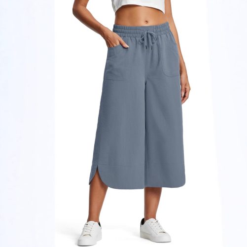 Elastic Waist Wide Leg Loose Cropped Pants in Pants