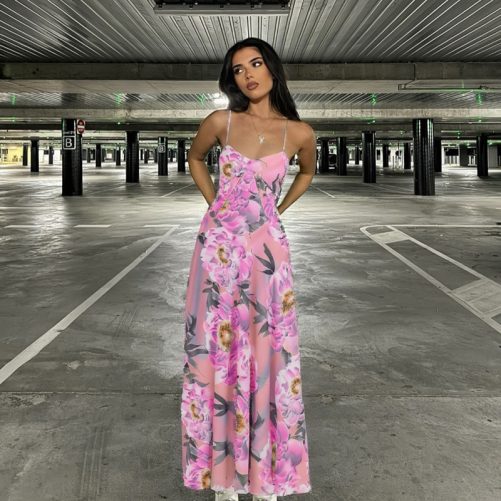 Sexy V Neck Backless Slim Fit Floral Strap Dress in Dresses