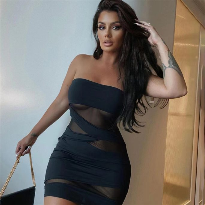 Chest Wrapped Off Neck Sexy See Through Slim Fit Sheath Dress in Dresses