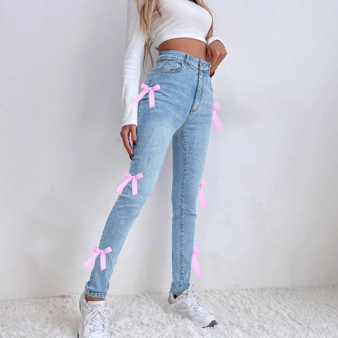Unique Bow Stretch Denim Trousers in Pants