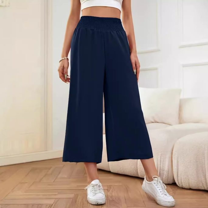High Waist Smocking Loose Wide Leg Cropped Pants in Pants