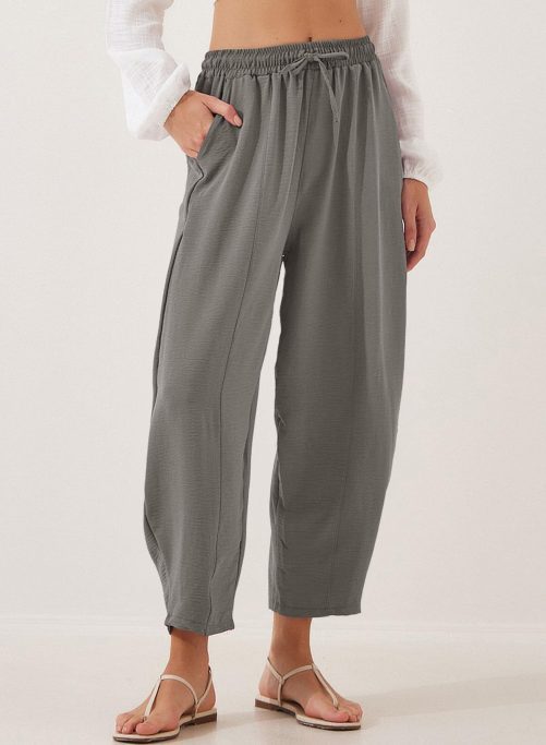 High Waist Loose Drawstring Pocket Cropped Pants in Pants