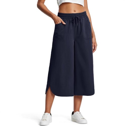 Elastic Waist Wide Leg Loose Cropped Pants in Pants