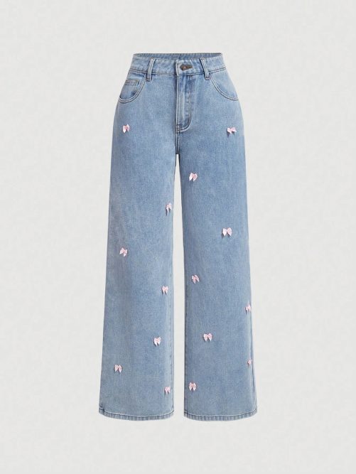 High Waist Washed Bow Wide Leg Pants Jeans in Pants