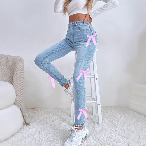 Unique Bow Stretch Denim Trousers in Pants