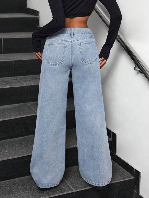 High Waist Washed Bow Wide Leg Pants Jeans in Pants
