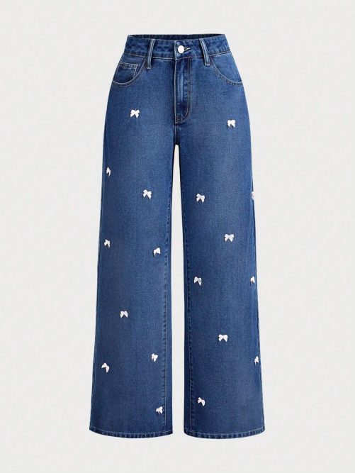 High Waist Washed Bow Wide Leg Pants Jeans in Pants