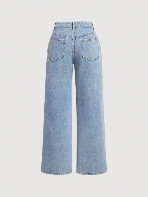 High Waist Washed Bow Wide Leg Pants Jeans in Pants
