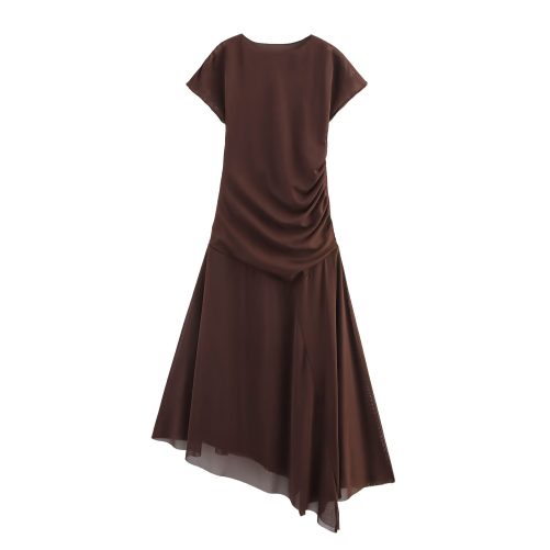Round Neck Sleeveless Pleated Decoration Silk Net Dress in Dresses