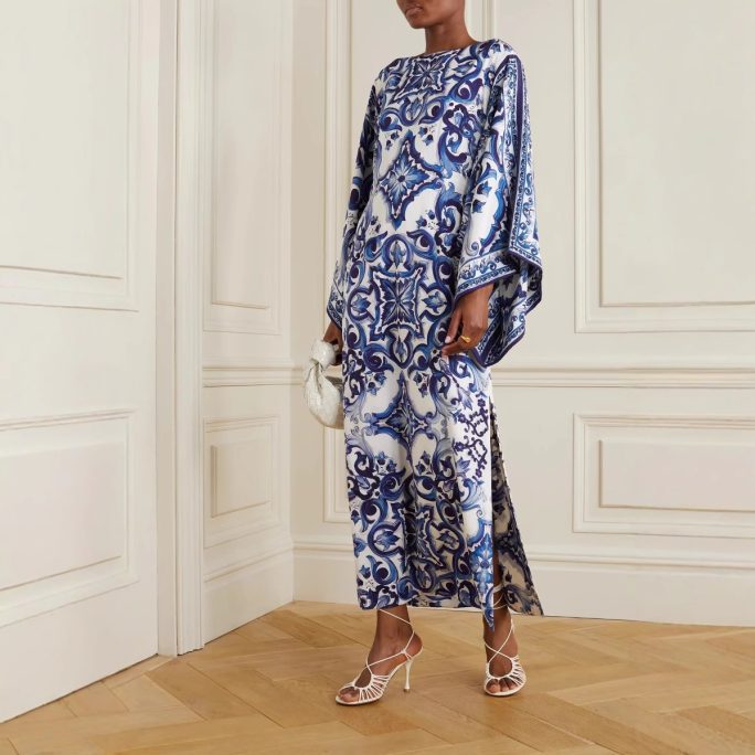 Blue White Porcelain Printed Loose Dress in Dresses