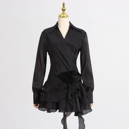 Sexy V Neck Stitching Floral Ruffled Ribbon Dress in Dresses