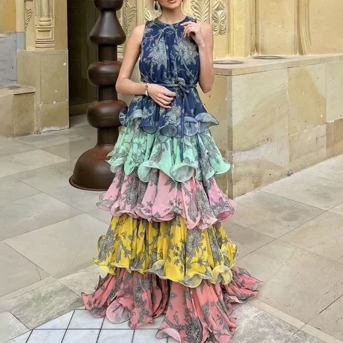 Halter Sleeveless Bohemian Retro Ruffled Dress in Dresses