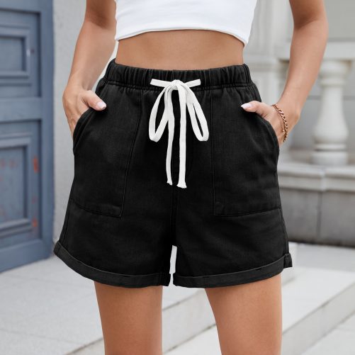 Washed Curling Elastic Waistband Lace Up Denim Shorts in Shorts