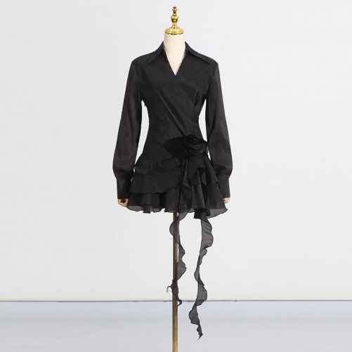 Sexy V Neck Stitching Floral Ruffled Ribbon Dress in Dresses