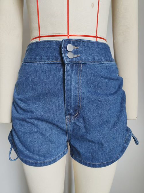 Washed High Waist Pleated Drawstring Sexy Slimming Denim Shorts in Shorts