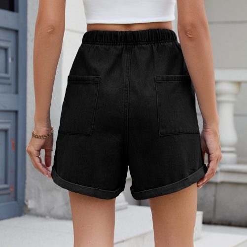 Washed Curling Elastic Waistband Lace Up Denim Shorts in Shorts