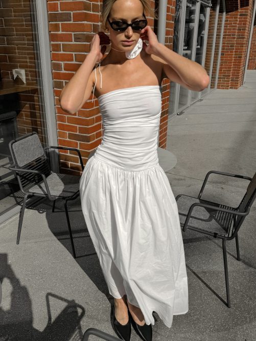 White Elegant Off The Shoulder Strap Slim Tube Top Low Waist Slimming Dress in Dresses