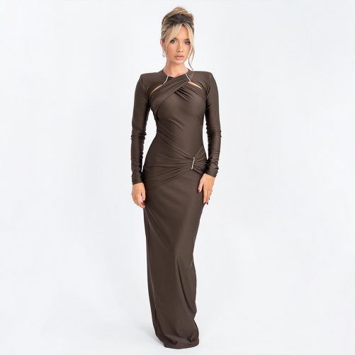 Round Neck Long Sleeve Sexy Slim Pleated Maxi Dress in Dresses