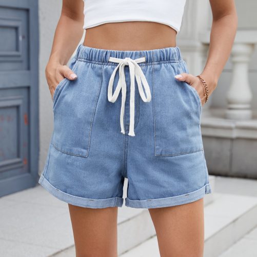 Washed Curling Elastic Waistband Lace Up Denim Shorts in Shorts