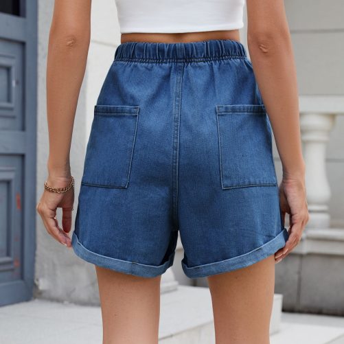 Washed Curling Elastic Waistband Lace Up Denim Shorts in Shorts