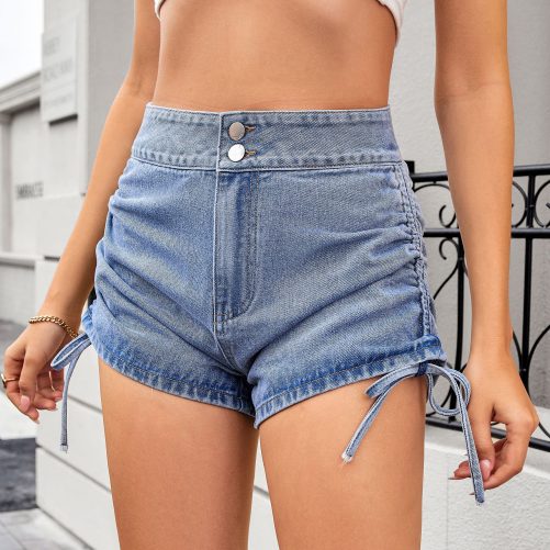Washed High Waist Pleated Drawstring Sexy Slimming Denim Shorts in Shorts