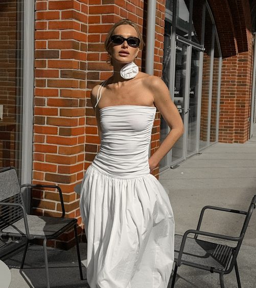 White Elegant Off The Shoulder Strap Slim Tube Top Low Waist Slimming Dress in Dresses