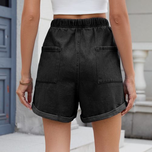 Washed Curling Elastic Waistband Lace Up Denim Shorts in Shorts
