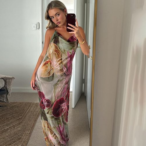 Sexy Waist Trimming Backless Halter Split Dress in Dresses