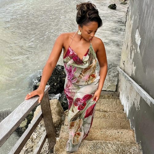 Sexy Waist Trimming Backless Halter Split Dress in Dresses