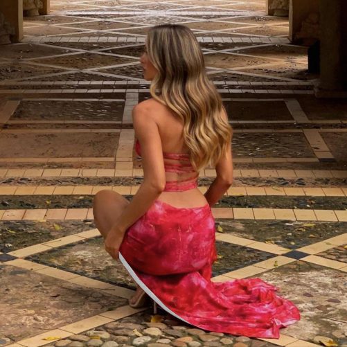 Sexy Printed Halter Cut Out Bandage High Slit Backless Dress in Dresses