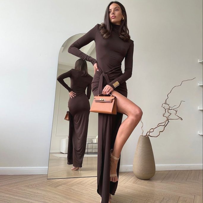 Sexy Turtleneck Slim Fit Slit Sheath Dress in Dresses